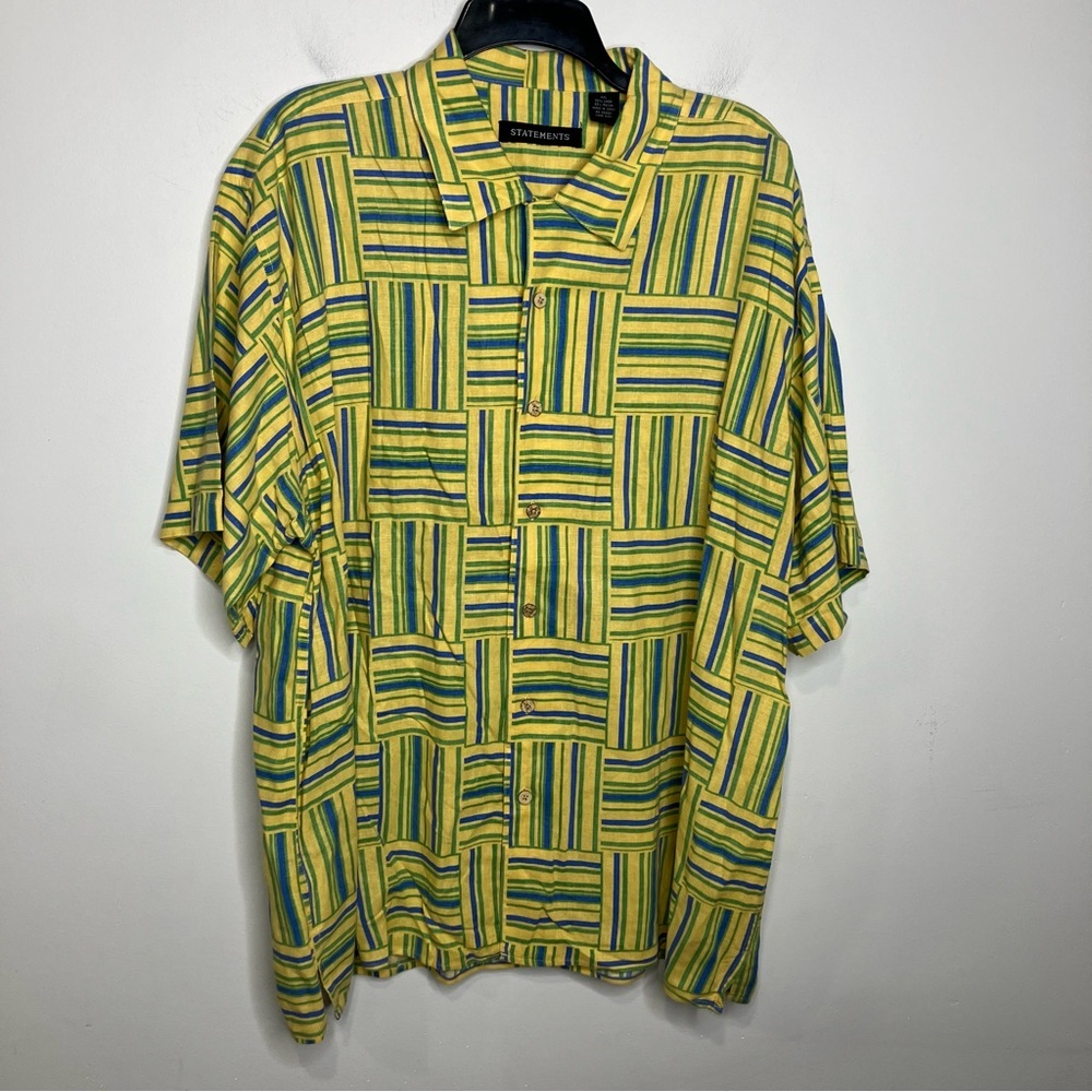 Statements retro button down shirt striped square pattern‎ linen Blend men’s XXL